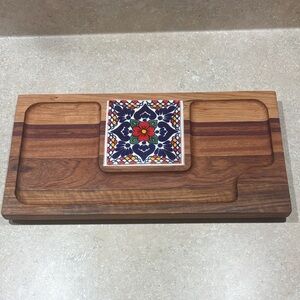 Wooden Serving Tray with Colorful Tile Inlay